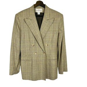 Vintage 90s Evan Picone Tan Plaid Double Breasted Longline Silk Blend Blazer Lar